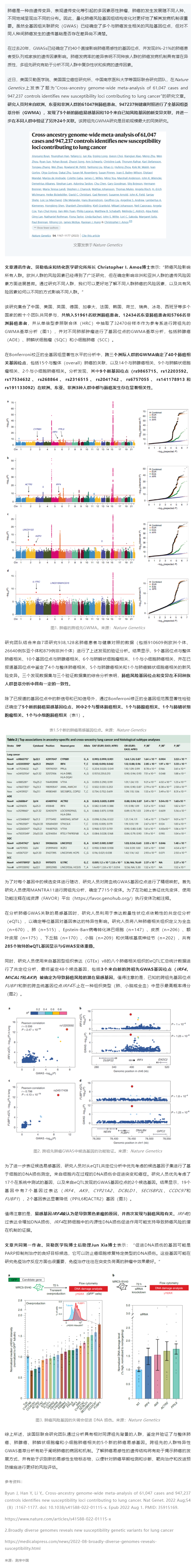 Nat Genet _ 中美等多國研究團(tuán)隊完成超百萬人跨祖先全基因組薈萃分析，鑒定新的肺癌易感位點(diǎn)